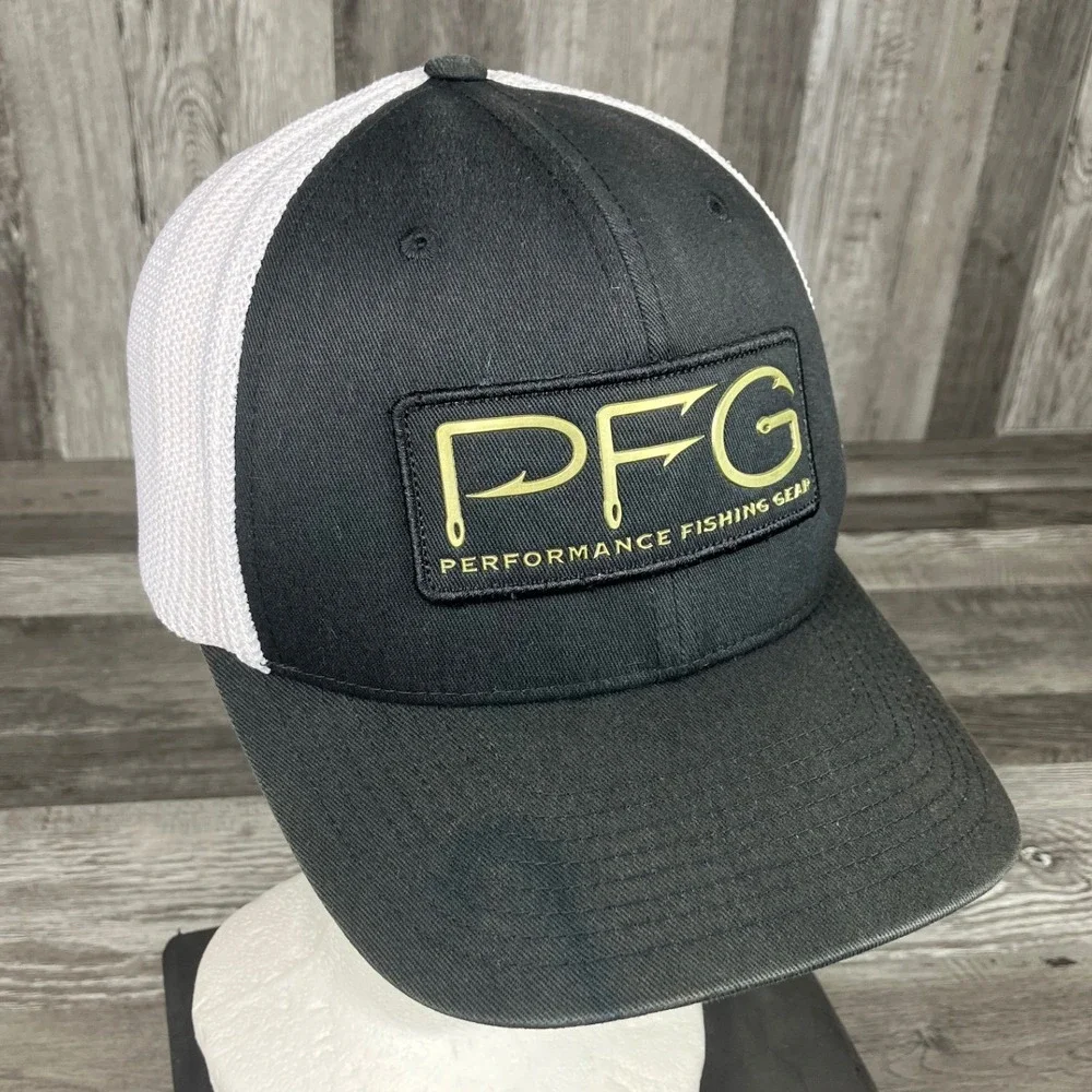 Columbia PFG Trucker Hat Black White Mesh Flexfit Performance Fishing Gear Cap